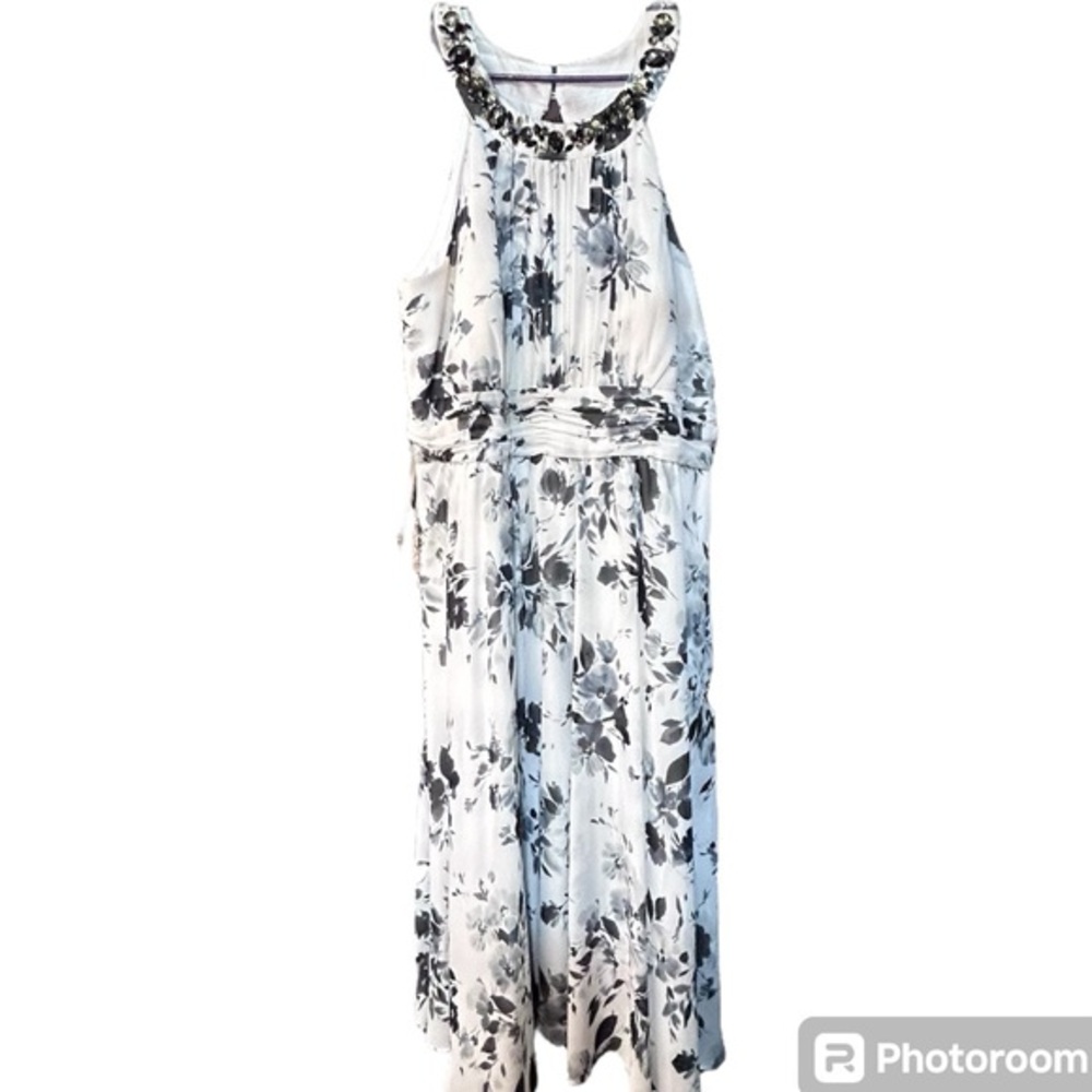 Jessica Howard Ivory Black Floral Halter Cocktail Midi Dress